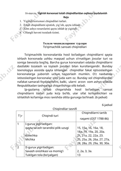 tolali chiqindilarni ajratish, yig’ish, qayta ishlash — DOC