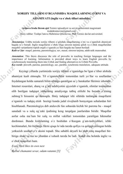 xorijiy tillarni o`rganishda maqollarning o`rni va ahamiyati — DOC