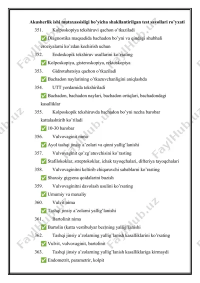 akusherlik ishi mutaxassisligi bo’yicha shakllantirilgan test savollari ro’yxati — DOC