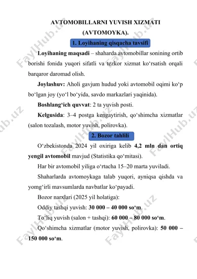 avtomobillarni yuvish xizmati (avtomoyka). — DOCX