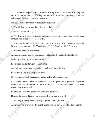 umumiy psixologiya fanidan tayyorlagan testlar bazasi — DOC