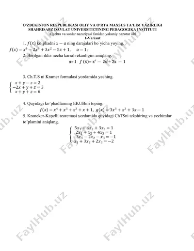 algebra va sonlar nazariyasi fanidan yakuniy nazorat ishi — DOC