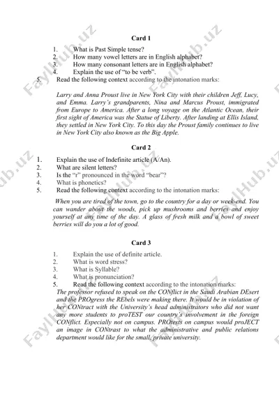 english language learning cards — DOC