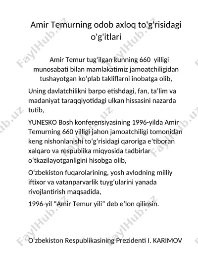 amir temurning odob axloq to'g'risidagi o'g'itlari — DOC