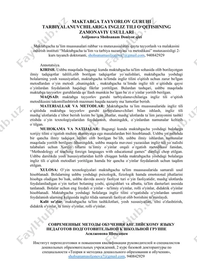 maktabga tayyorlov guruxi tarbiyalanuvchilariga ingliz tili o‘qitishning zamonaviy usullari — DOC