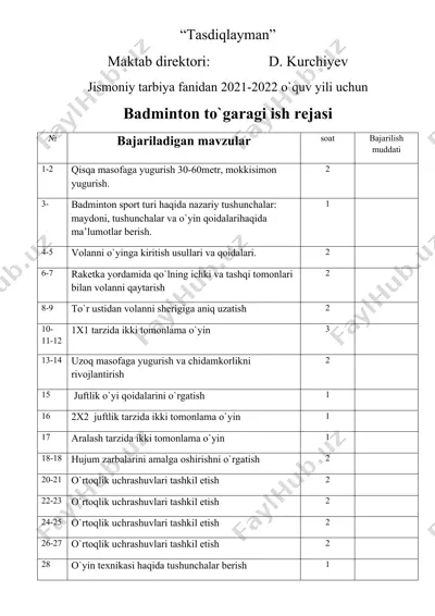 badminton to'garagi ish rejasi — DOC