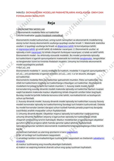 ekonometrik modellar parametrlarini aniqlashda ekkm dan foydalanish amaliyoti — DOC