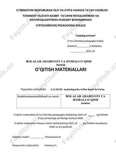 bolalar adabiyoti va ifodali o'qish materiallari — DOC