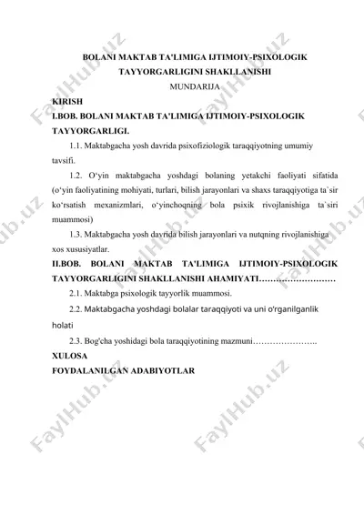 bolani maktab ta'limiga ijtimoiy-psixologik tayyorgarligini shakllanishi — DOC