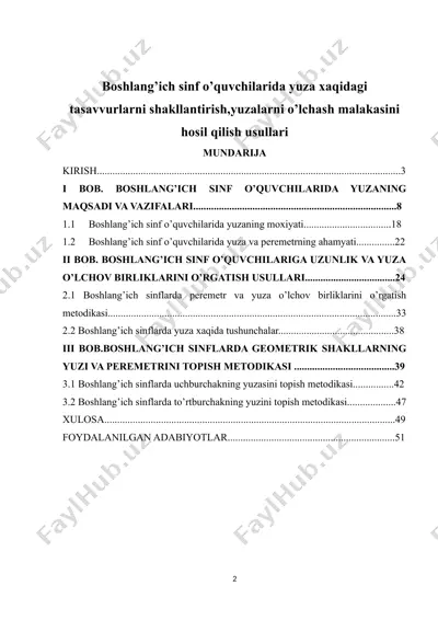 boshlang’ich sinf o’quvchilarida yuza xaqidagi tasavvurlarni shakllantirish,yuzalarni o’lchash malakasini hosil qilish usullari — DOC