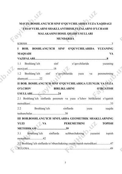 boshlang’ich sinf o’quvchilarida yuza xaqidagi tasavvurlarni shakllantirish, yuza o’lchash malakasini hosil qilish usullari — DOC