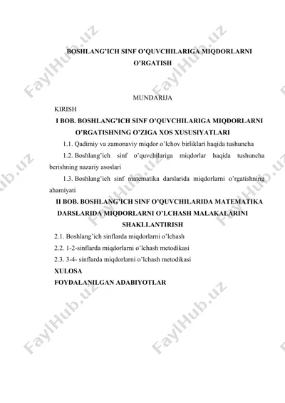 boshlang’ich sinf o’quvchilariga miqdorlarni o’rgatish — DOC