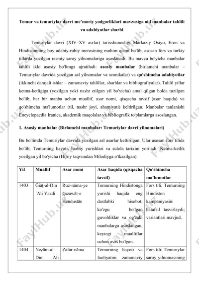 temur va temuriylar davri me’moriy yodgorliklari mavzusiga oid manbalar tahlili va adabiyotlar sharhi 25 — DOCX
