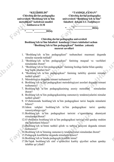 boshlang‘ich ta’lim pedagogikasi nazorat savollari — DOC