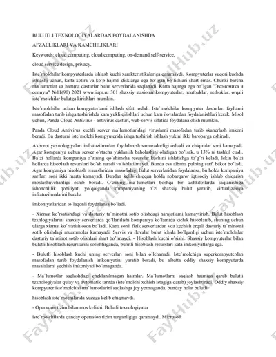 bulutli texnologiyalardan foydalanishda afzalliklari va kamchiliklari — DOC