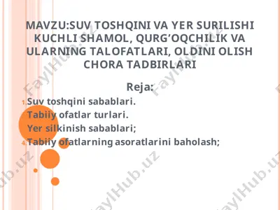 suv toshqini va yer surilishi kuchli shamol, qurg'oqchilik va ularning talofatlari — PPT