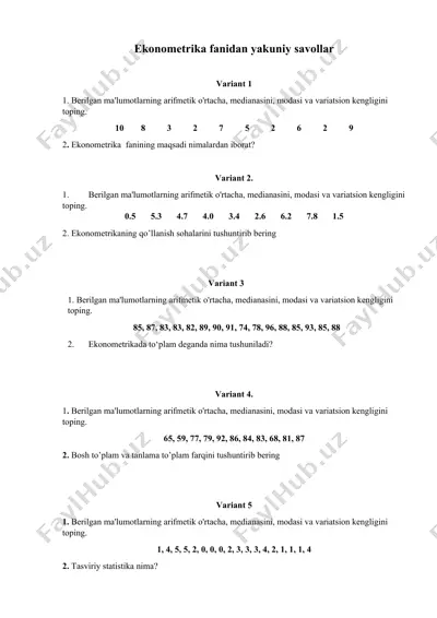 ekonometrika fanidan yakuniy savollar — DOC