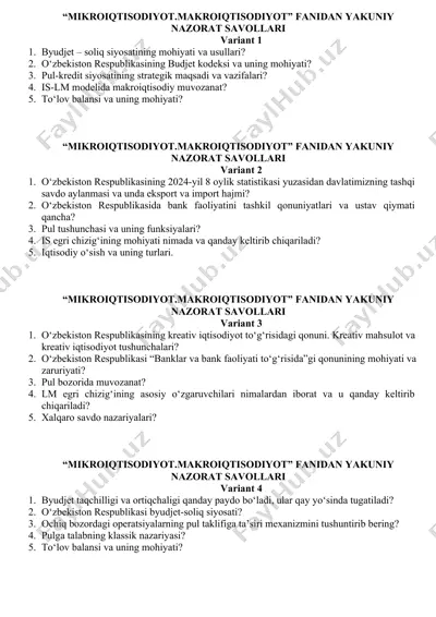 "mikroiqtisodiyot.makroiqtisodiyot" fanidan yakuniy nazorat savollari — DOCX