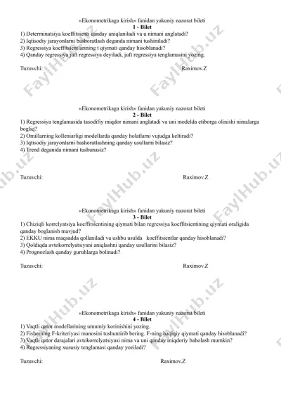 «ekonometrikaga kirish» fanidan yakuniy nazorat bileti — DOC