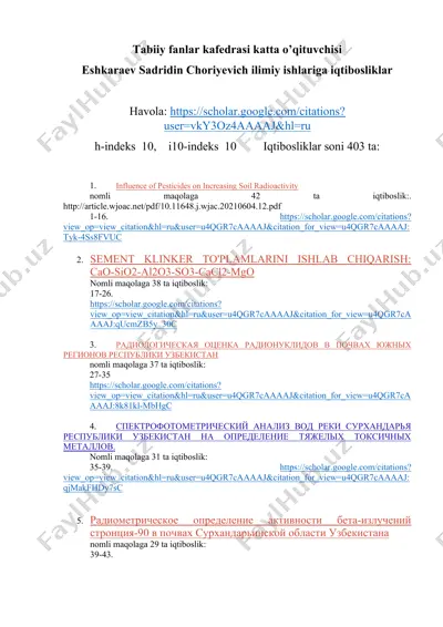 tabiiy fanlar kafedrasi katta o’qituvchisi eshkaraev sadridin choriyevich ilimiy ishlariga iqtibosliklar — DOC