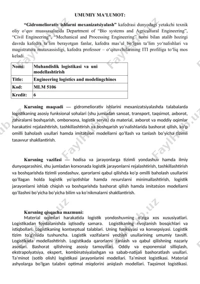muhandislik logistikasi va uni modellashtirish — DOC