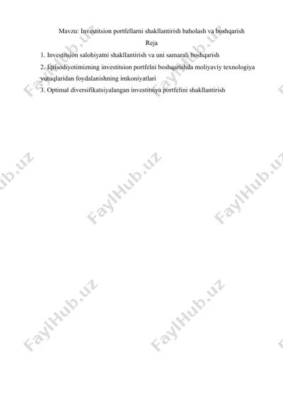 investitsion portfellarni shakllantirish baholash va boshqarish — DOCX