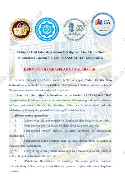 v xalqaro "abu ali ibn sino ta'limotidan - uchinchi renessansgacha" olimpiadasi — DOC