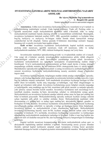 investitsiya loyihalarini moliyalashtirishning nazariy asoslari — DOC