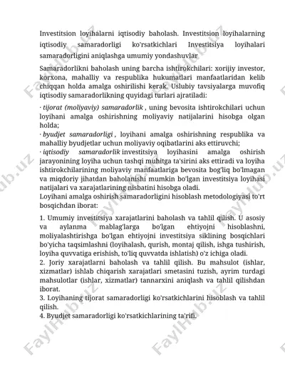 investitsion loyihalarni iqtisodiy samaradorlikka baholash — DOC