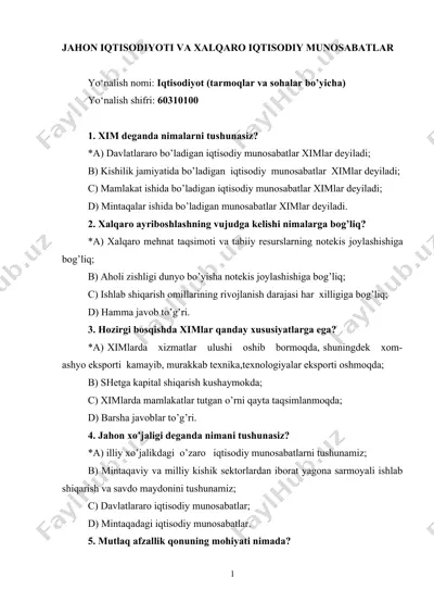 jahon iqtisodiyoti va xalqaro iqtisodiy munosabatlar — DOC