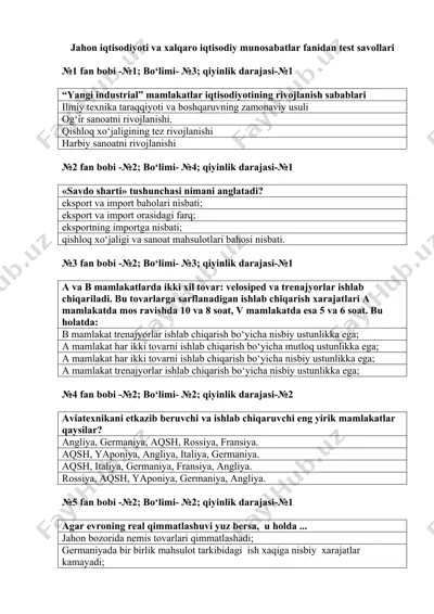 jahon iqtisodiyoti va xalqaro iqtisodiy munosabatlar fanidan test savollari — DOC