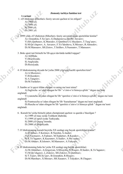 jismoniy tarbiya fanidan test — DOC