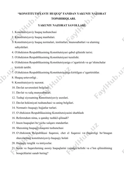 "konstitutsiyaviy huquq" fanidan yakuniy nazorat topshiriqlari. — DOC