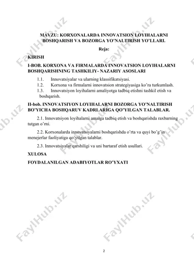 korxonalarda innovatsion loyihalarni boshqarish va bozorga yo’naltirish yo’llari — DOC