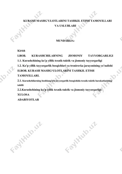 kurash mashg'ulotlarini tashkil etish tamoyillari va uslublari — DOC