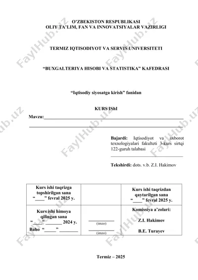 kurs ishi "iqtisodiy siyosatga kirish" fanidan — DOC
