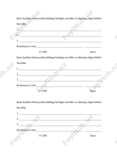 kurs loyihasi himoyasida talabaga berilgan savollar va ularning olgan ballari — DOC