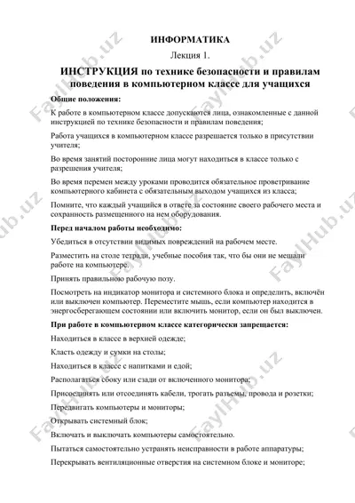 инструкция по технике безопасности и правилам поведения в компьютерном классе для учащихся — DOC