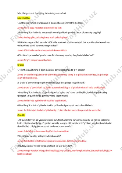ma'rifat gazetasi 6-sonidagi attestatsiya savollari — DOC