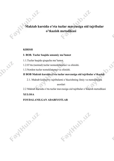 maktab kursida o’rta tuzlar mavzusiga oid tajribalar o’tkazish metodikasi — DOC