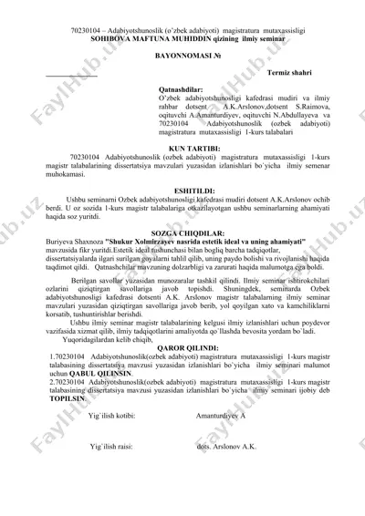 adabiyotshunoslik (o’zbek adabiyoti) magistratura mutaxassisligi ilmiy seminar — DOC