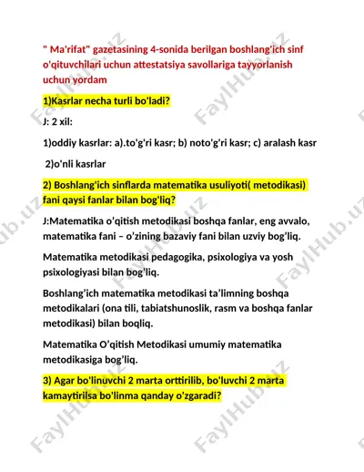 ma'rifat gazetasining 4-soni attestatsiya savollariga tayyorlanish uchun yordam — DOC
