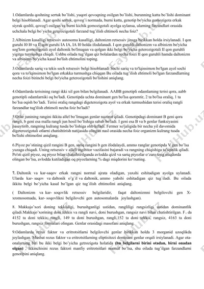 genetika va nasl nazariyasi misollar to'plami — DOC