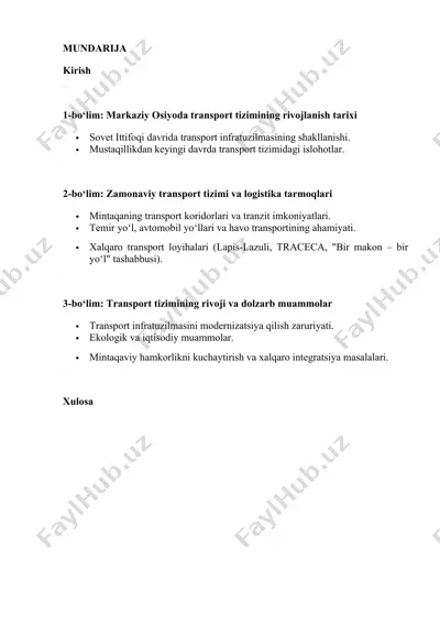 markaziy osiyoda transport tizimining rivojlanish tarixi — DOC