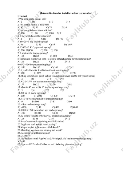 matematika fanidan 4-sinflar uchun test savollari — DOC