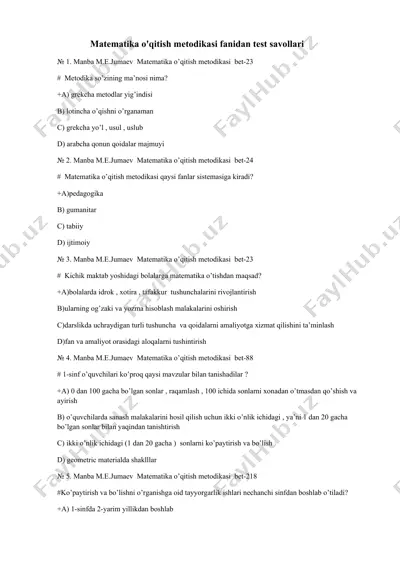 matematika o'qitish metodikasi fanidan test savollari — DOC