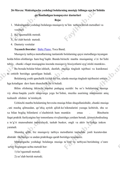 maktabgacha yoshdagi bolalarning musiqiy bilimga ega bo’lishida qo’llaniladigan kompuyeter dasturlari — DOC