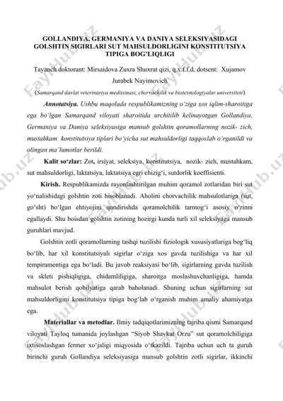 gollandiya, germaniya va daniya seleksiyasidagi golshtin sigirlari sut mahsuldorligini konstitutsiya tipiga bog’liqligi — DOC
