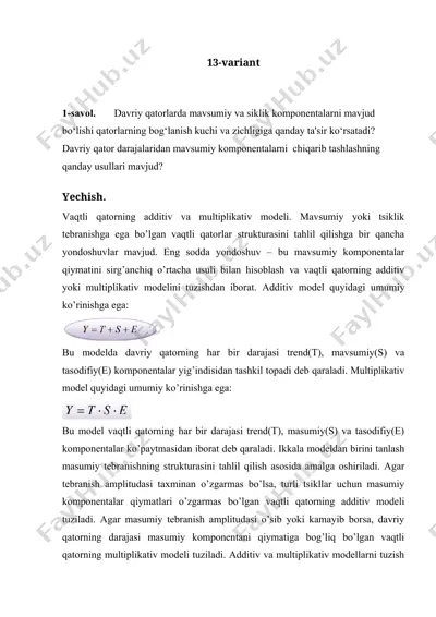 vaqtli qatorning additiv va multiplikativ modeli — DOC