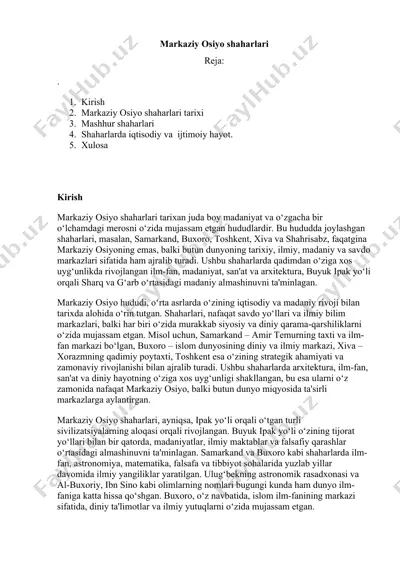markaziy osiyo shaharlari tarixi — DOC